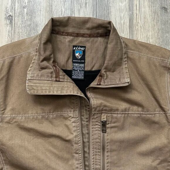 Kuhl Burr Espresso Brown Canvas Vintage Patina Dye Full Zip Jacket Size Small - Picture 3 of 5